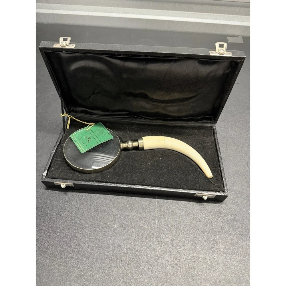 Vintage Tusk Style Handle Magnifying Glass Desk‎ Decor w/ Case